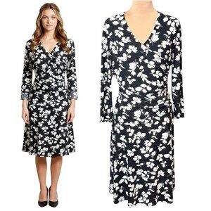 Lauren Ralph Lauren Knee Length Dress Sz.16 Black White Floral Ruching Preppy